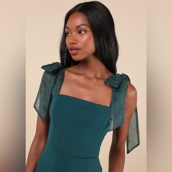 Lulus Beaming Perfection Emerald Beaded Organza Tie-Strap Mini Dress - Picture 4 of 8